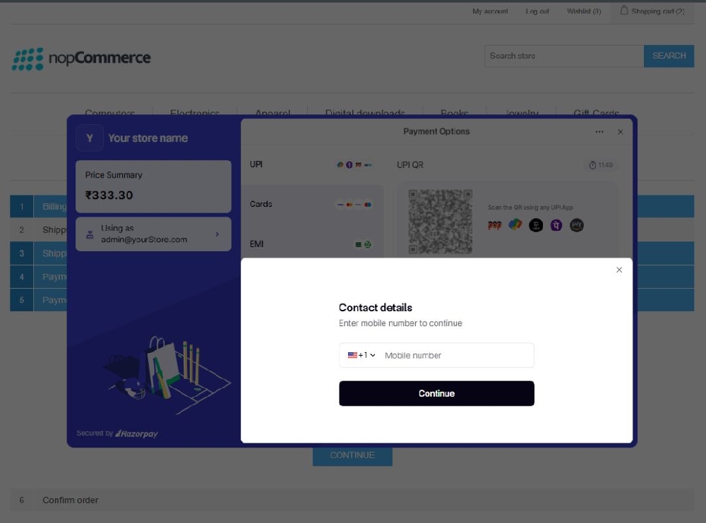 razorepay payment process info popup payment mode